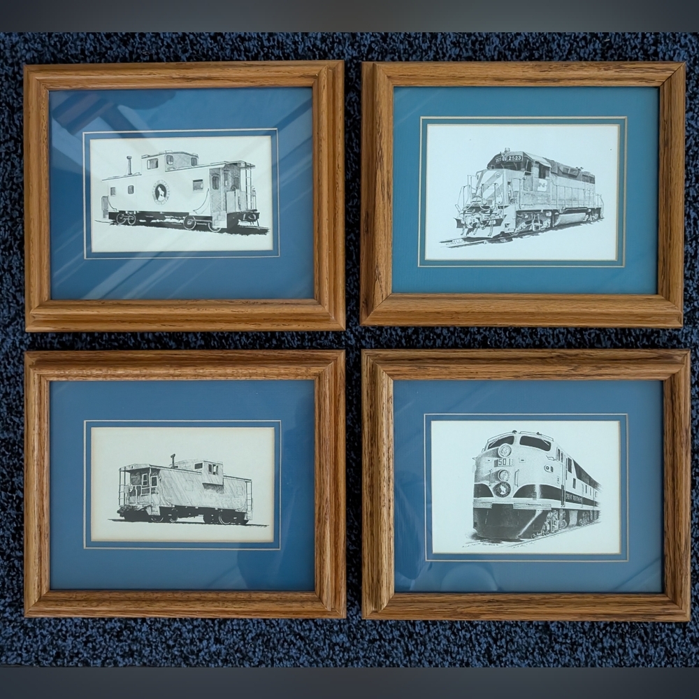 Set Of 4 Framed, Dated & Signed Vintage Train Illustration Set